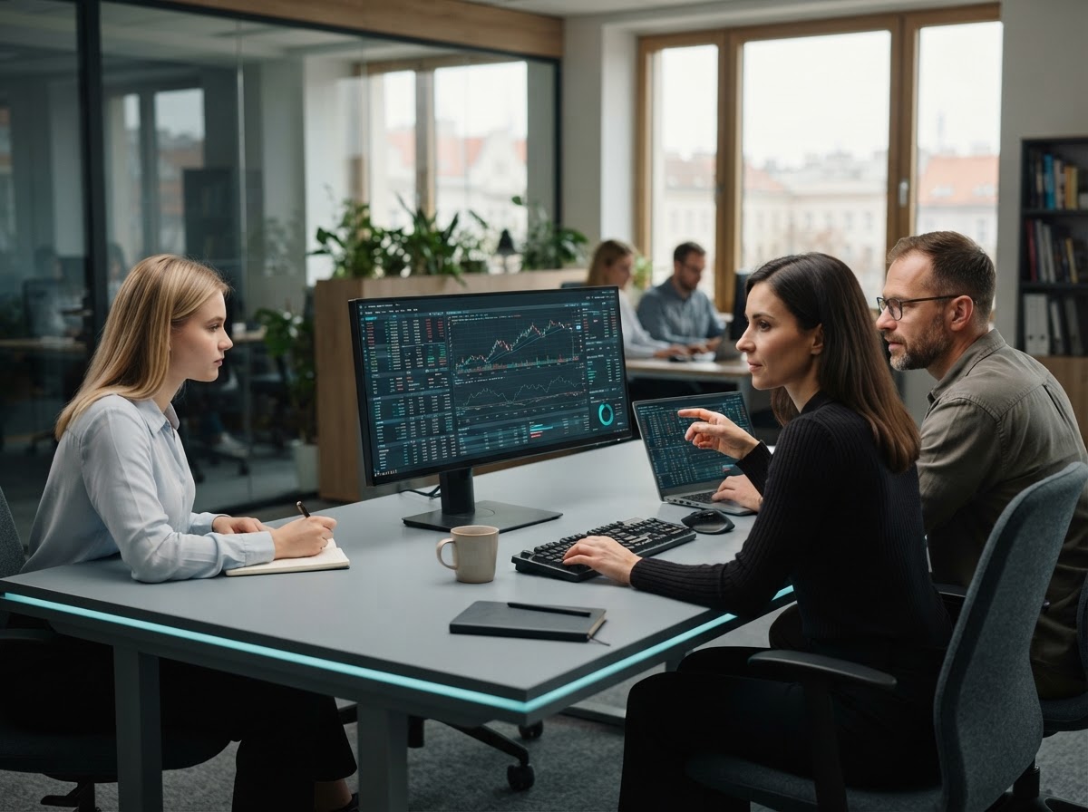 Analytici diskutující nad finančními grafy na monitoru v kanceláři