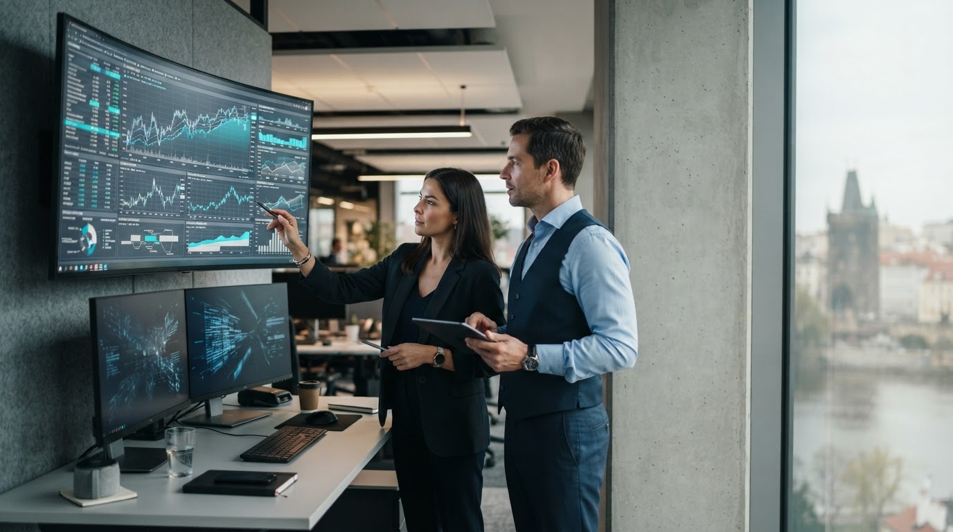 Dva analytici sledující finanční grafy na velké obrazovce v kanceláři